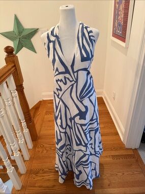Banana Republic Blue & White Abstract Halter Maxi Dress